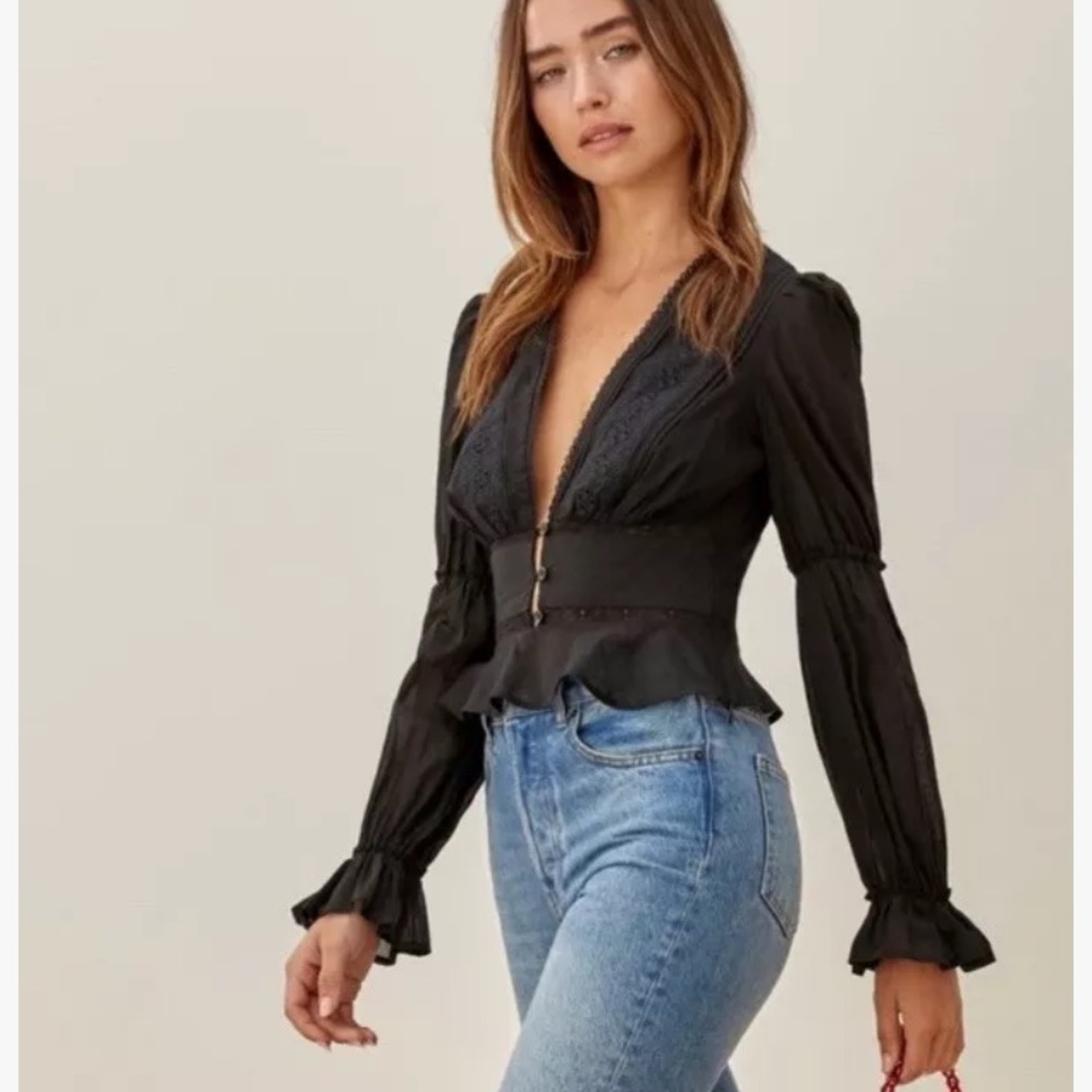Reformation Black Meadowlark Blouse Top Peplum Long Sleeve Cotton Size 4